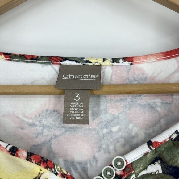 Chicos T Shirt Size 3 XL Womens White Red Gathered Floral Print Top Sweatheart - Picture 4 of 9